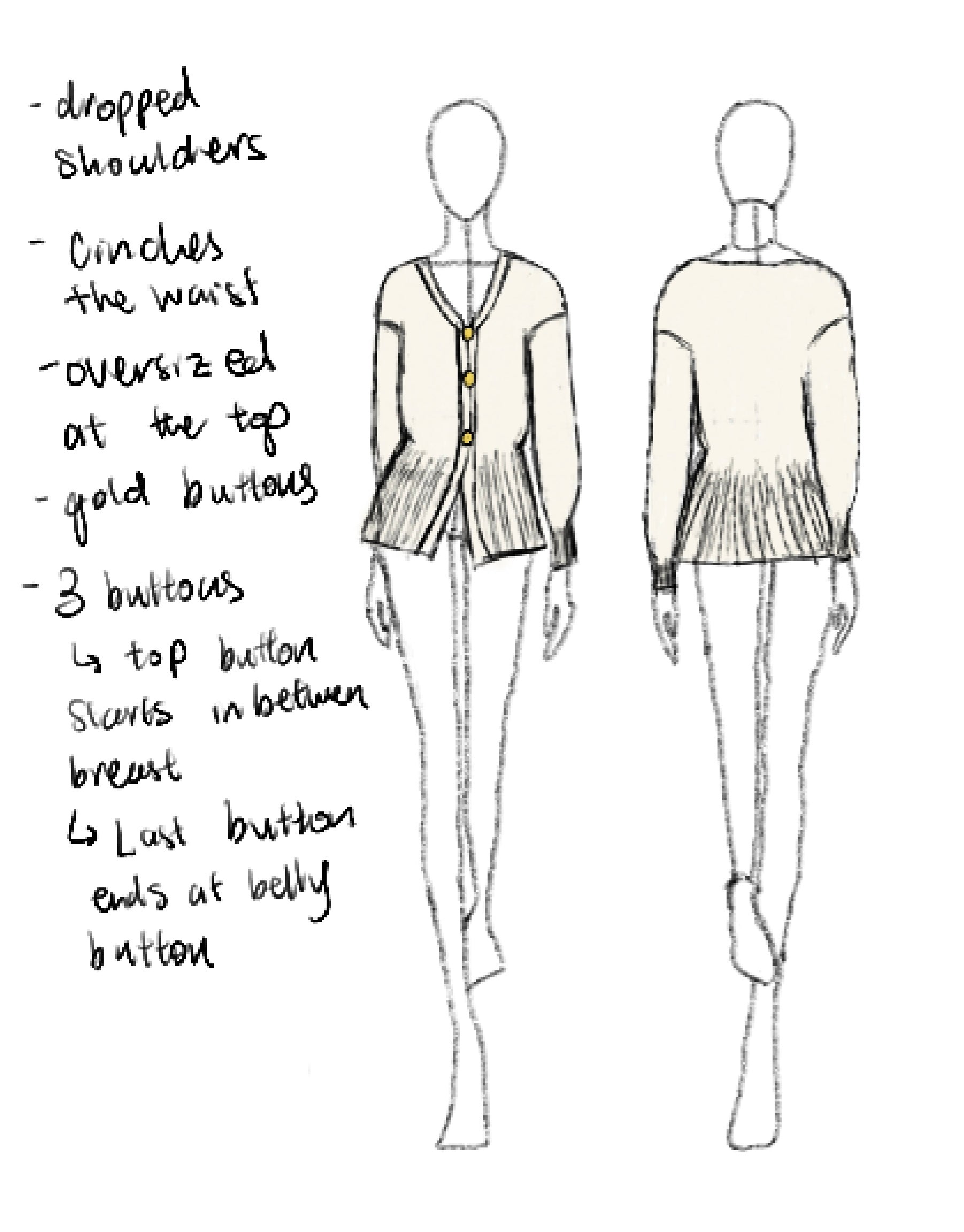 Fashion design sketch of a top with notes on its features
