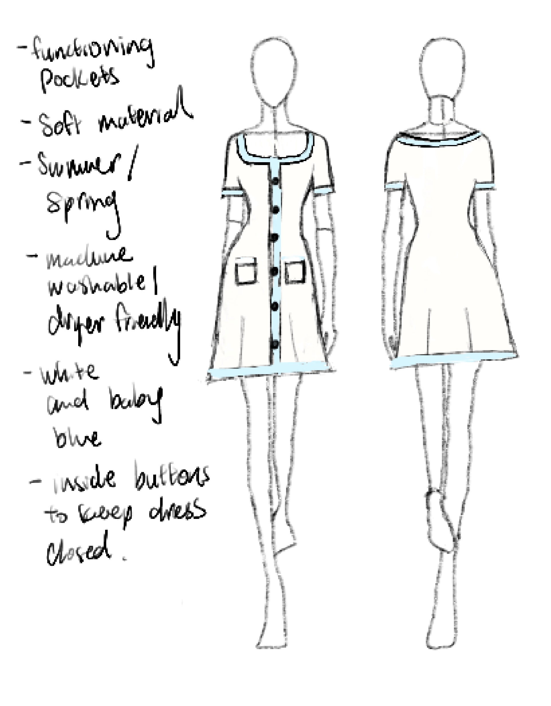Fashion design sketch of a dress with specifications on a white background