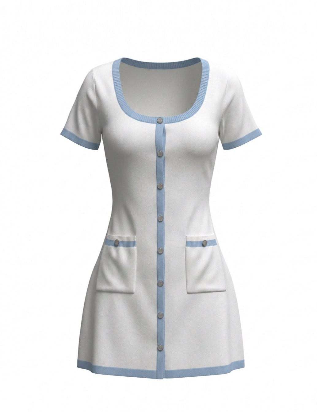 White dress with blue accents on a white background